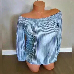 Women's Rag & Bone Striped Ruffle Off Shoulder Blue White Blouse Top XS
